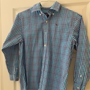 Vineyard Vines navy, royal blue, teal boys button down shirt.